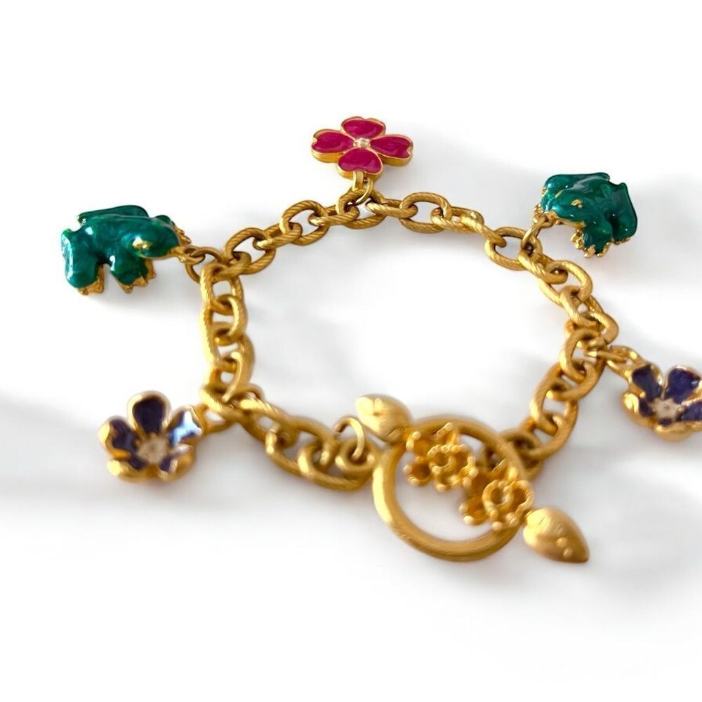 Matte Gold Enamel Flowers Frogs Charm Bracelet - Picture 5 of 7